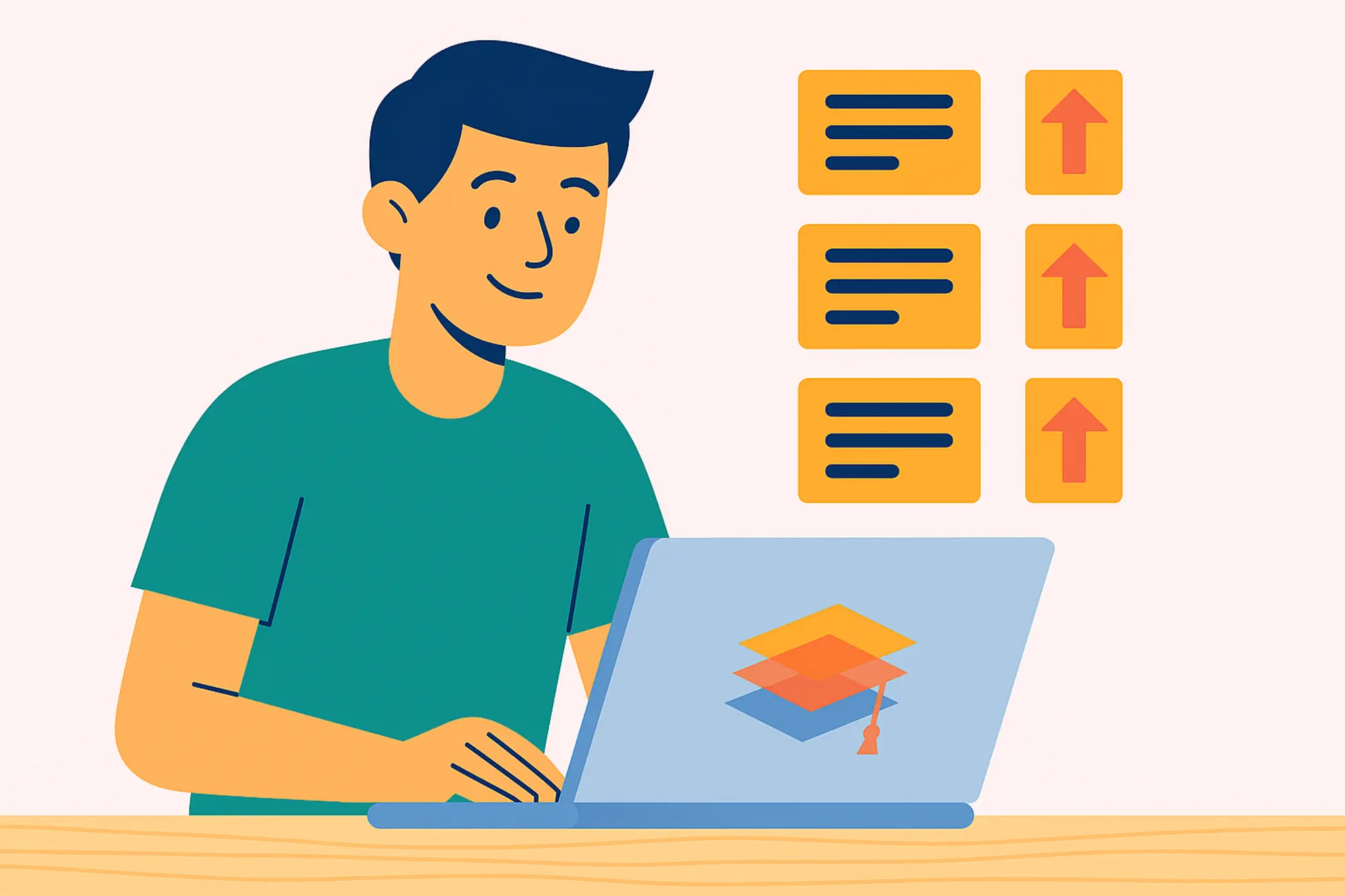 Digital illustration of a male student studying online on a laptop, symbolizing high school credits needed to graduate in Ontario