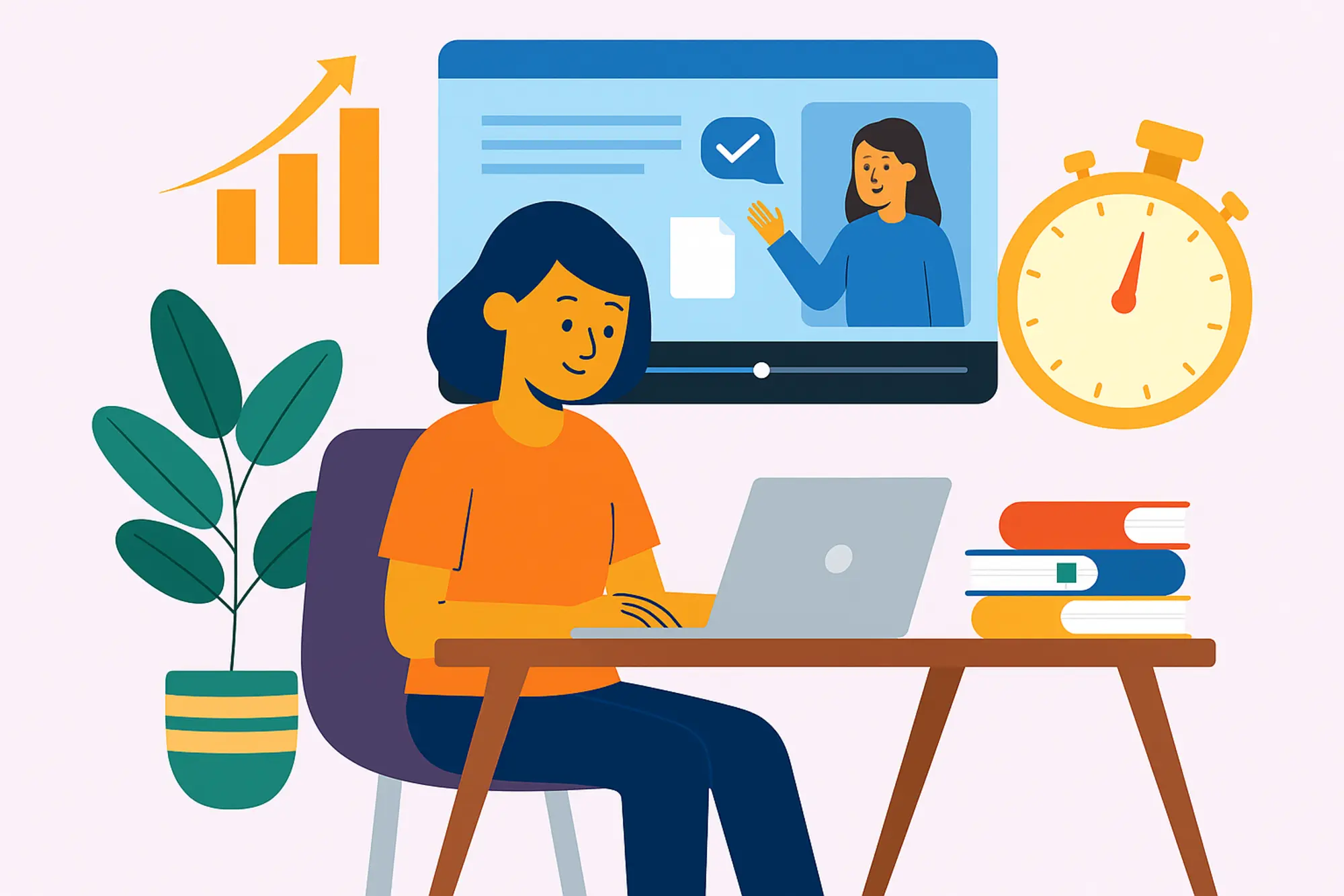 Digital illustration of online learning setup with books, laptop, and timer, reflecting Ontario high school graduation requirements