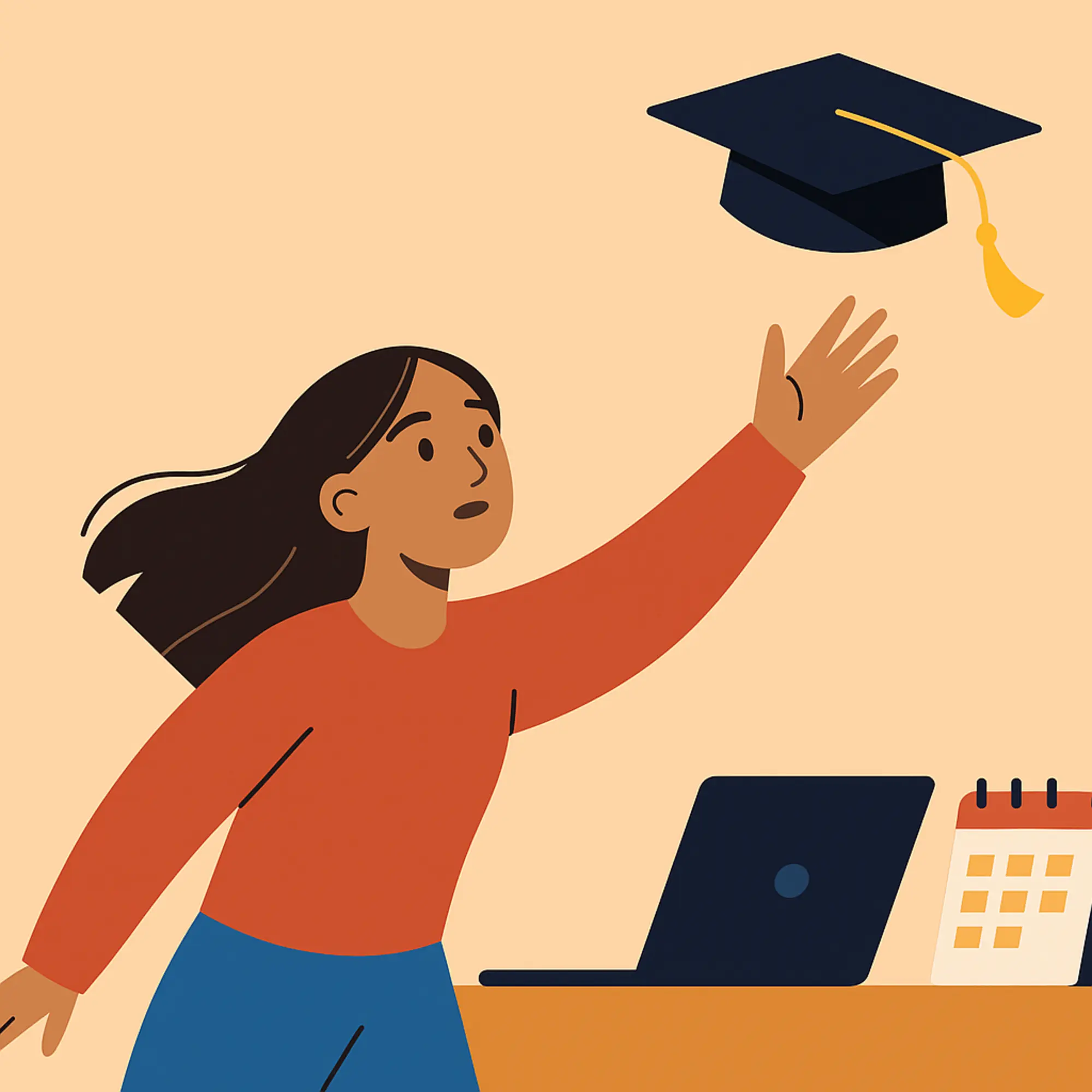 Illustration of a girl reaching toward a graduation cap in the air, symbolizing college goals and OCAS important dates 2025
