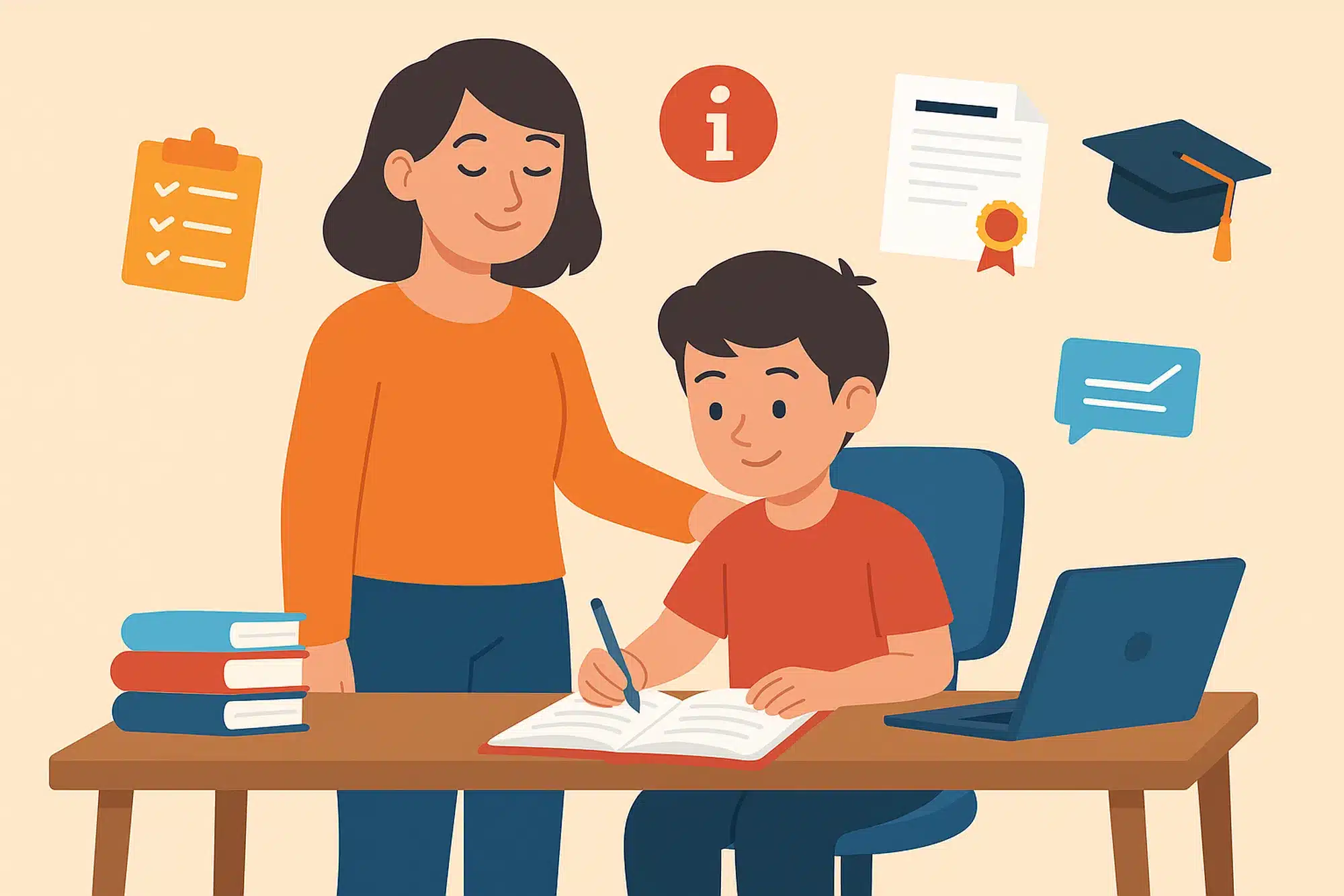 Student writing in notebook with parent support at home desk, symbolizing flexible learning through online homeschooling in Ontario