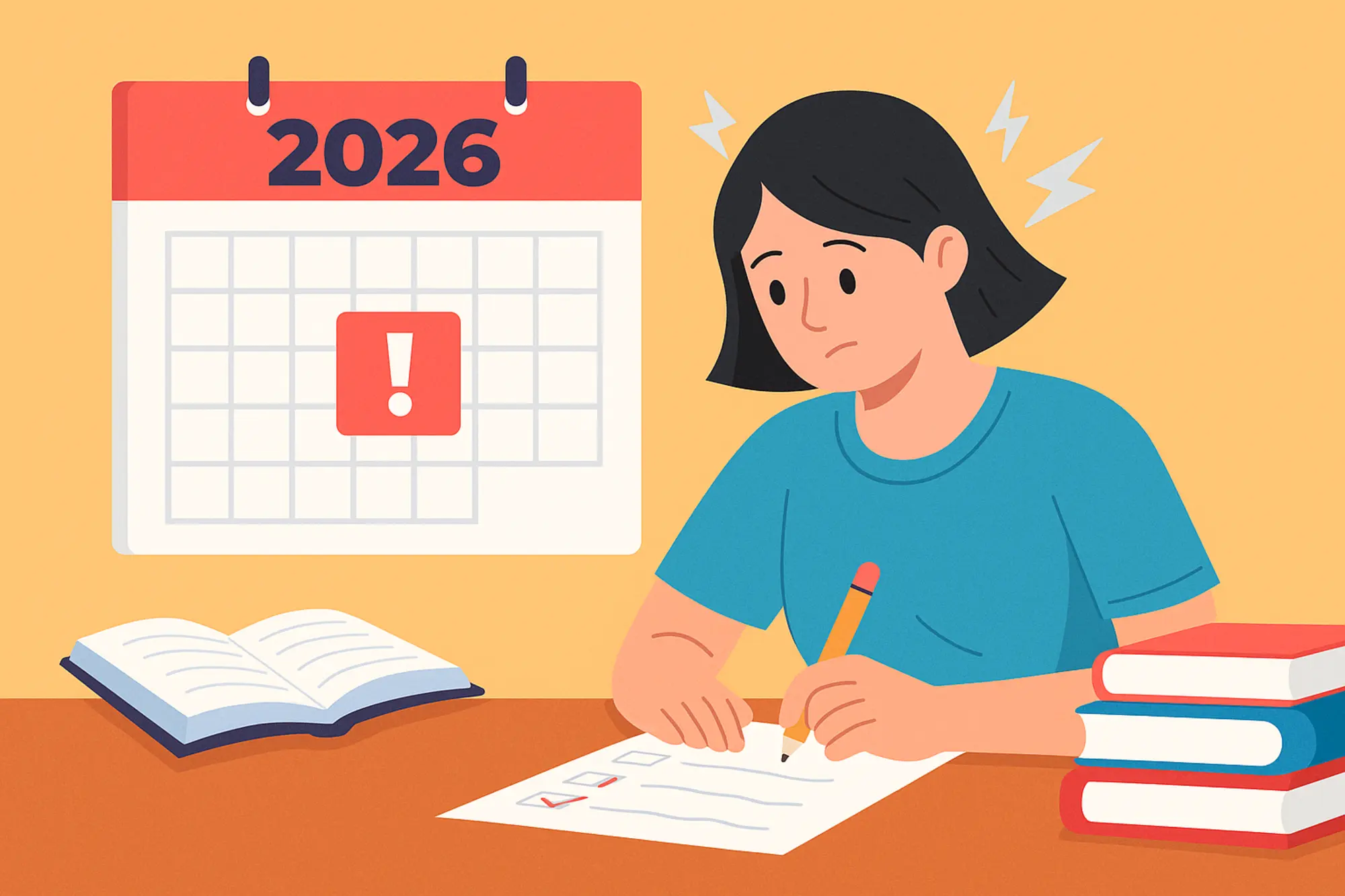 A flat-style illustration of a student studying at a desk with books, a checklist, and a 2026 calendar showing an important date — representing the deadline to apply to university Ontario