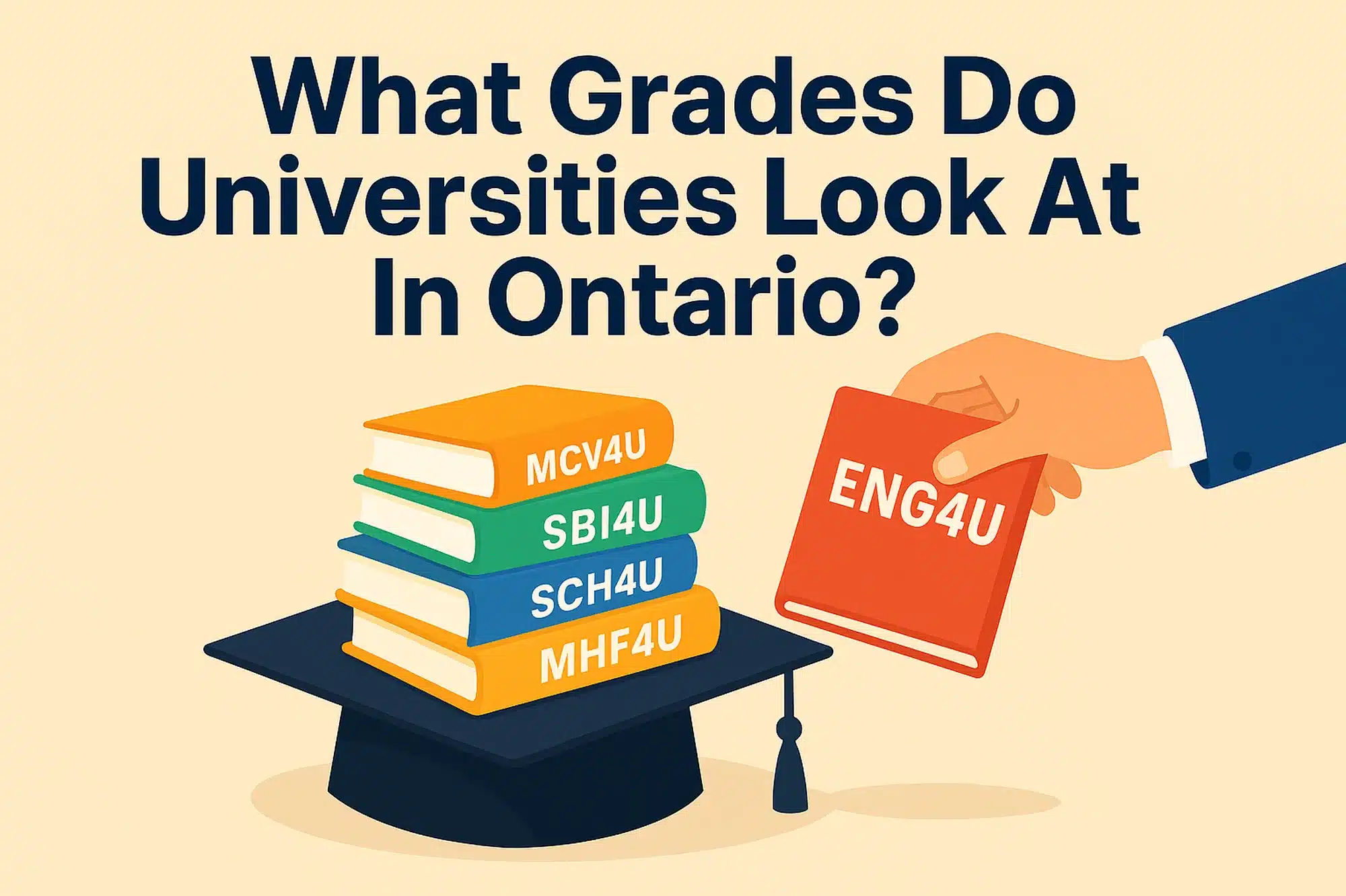 A flat-style illustration showing a stack of Grade 12 U/M course books on a graduation cap, visually representing what grades do universities look at in Ontario for admission