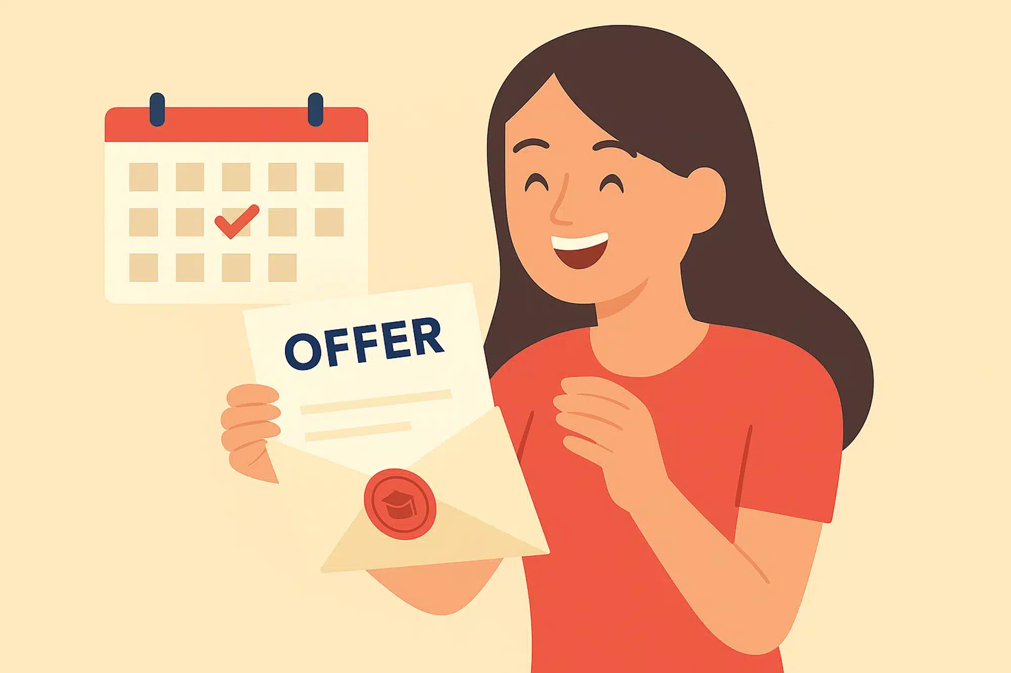 Illustration of a happy student holding an acceptance letter marked “Offer” beside a calendar — symbolizing how to accept a university offer in Ontario