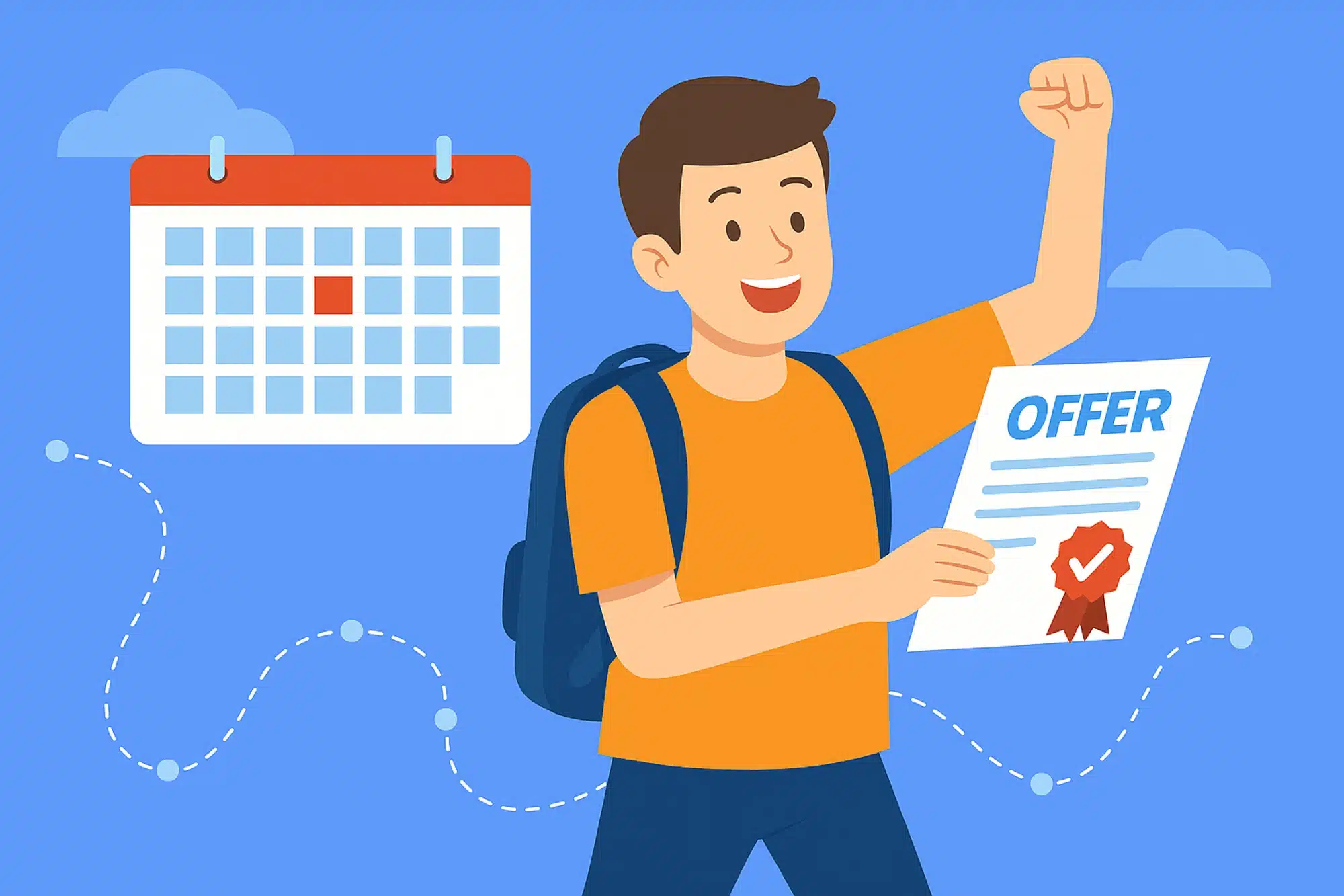 Illustration of a smiling student holding a university offer letter and wearing a backpack, standing beside a calendar — representing the deadline to accept university offers in Ontario (2026)