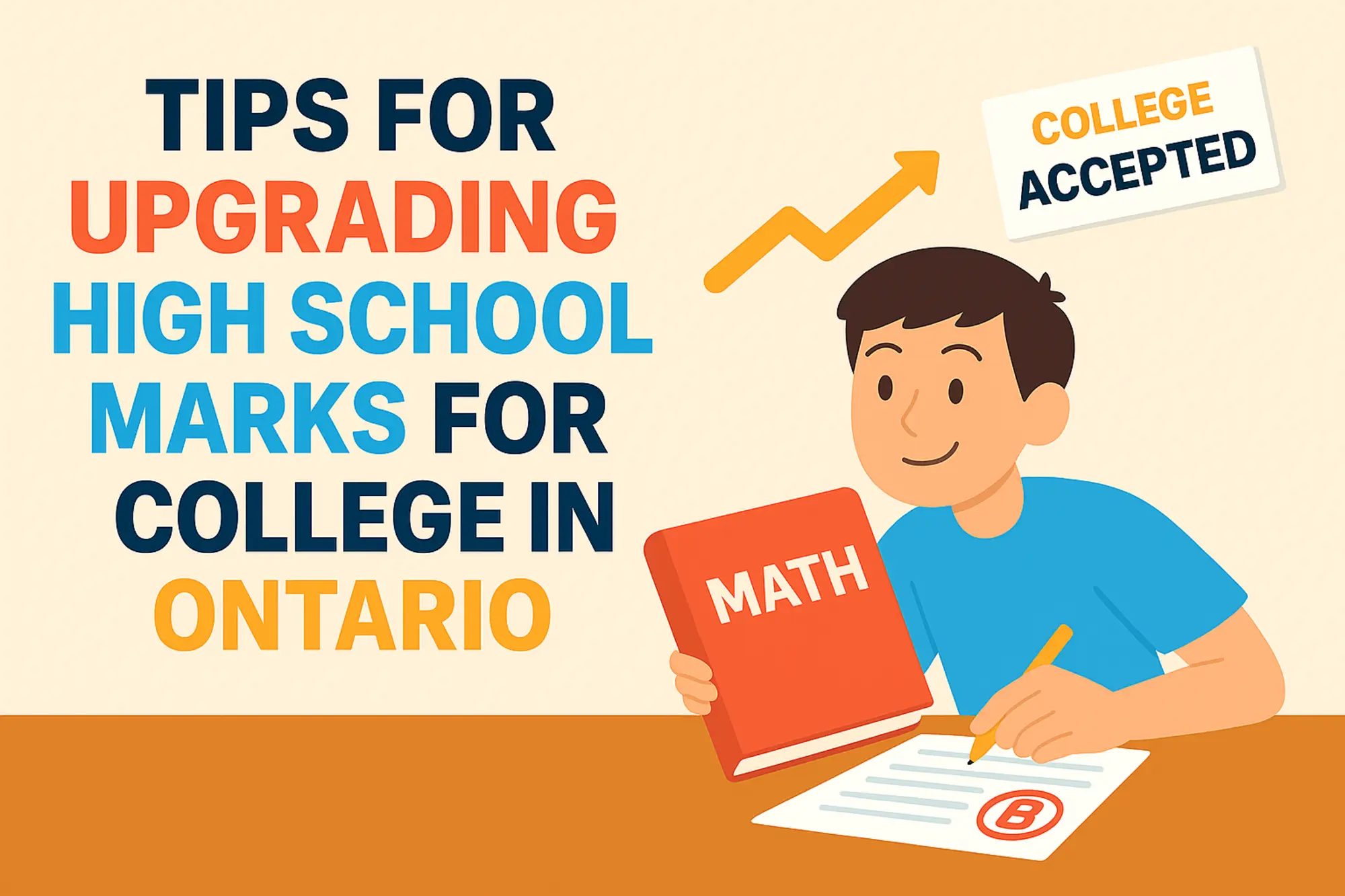 Student holding a math book and writing on paper with a B grade beside the title Tips for Upgrading High School Marks for College in Ontario