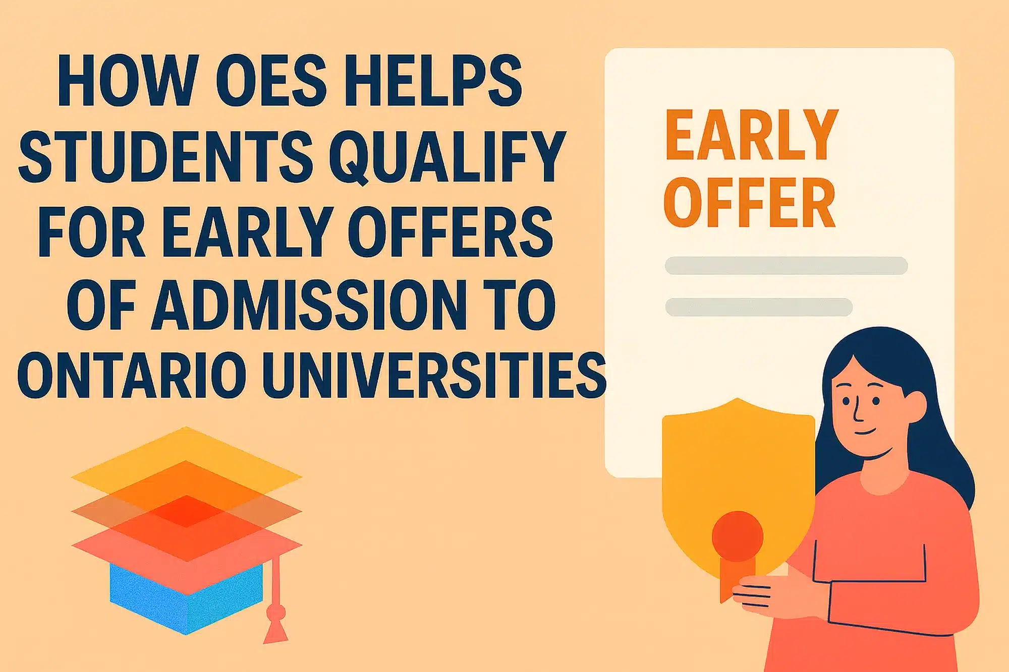 Illustration showing how OES helps students qualify for early offers of admission to Ontario universities, featuring a student holding an early-offer certificate to highlight early admission support