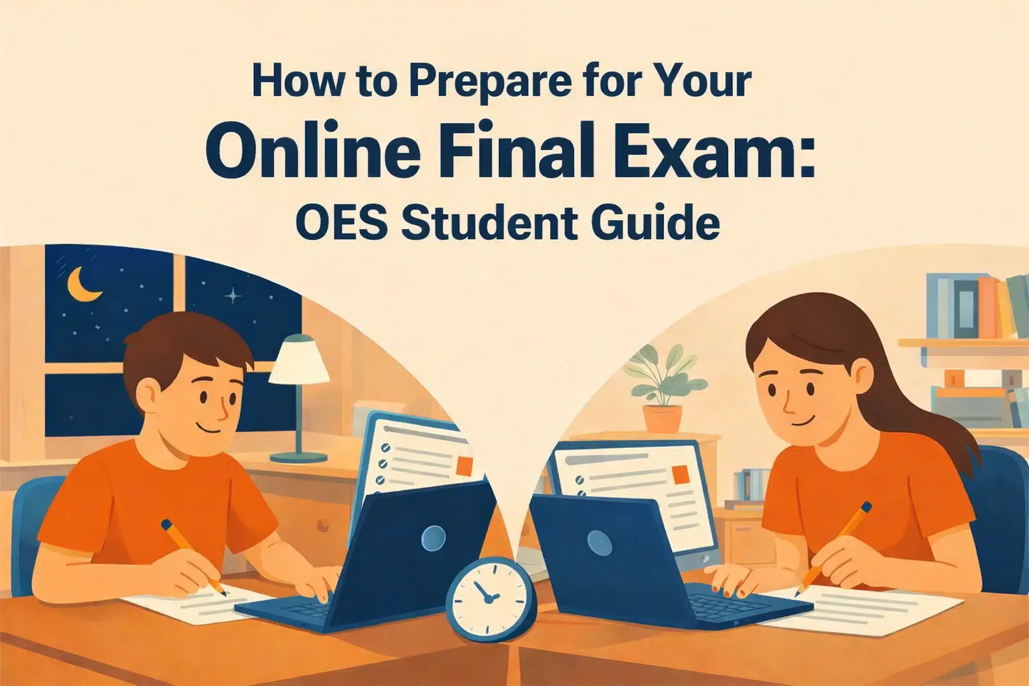 Online final exam preparation illustration showing two students writing an online exam from home on laptops, representing flexible learning with Ontario eSecondary School