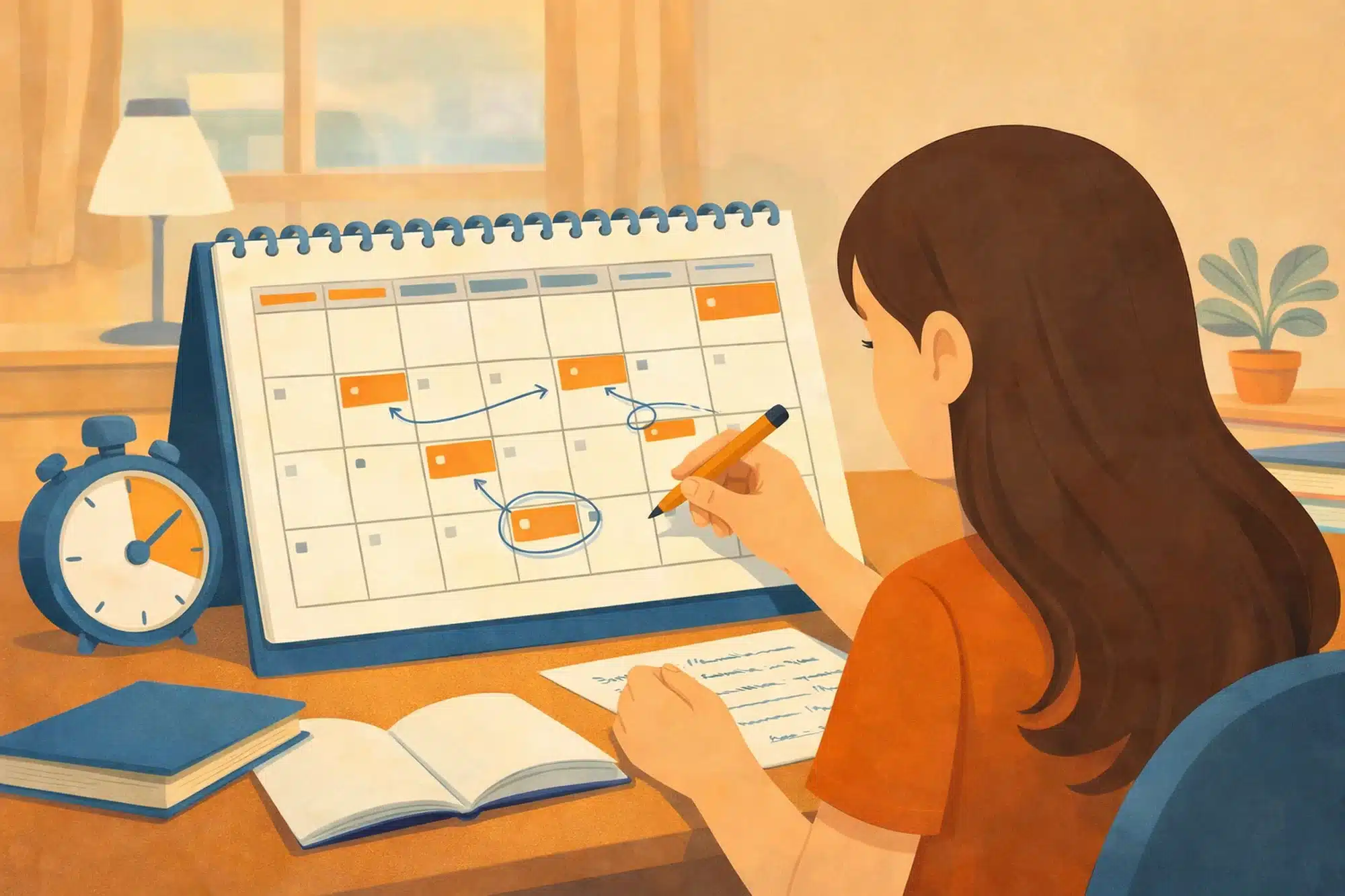 Online final exam study planning illustration showing a student creating an exam study schedule on a calendar while preparing for an online final exam at home