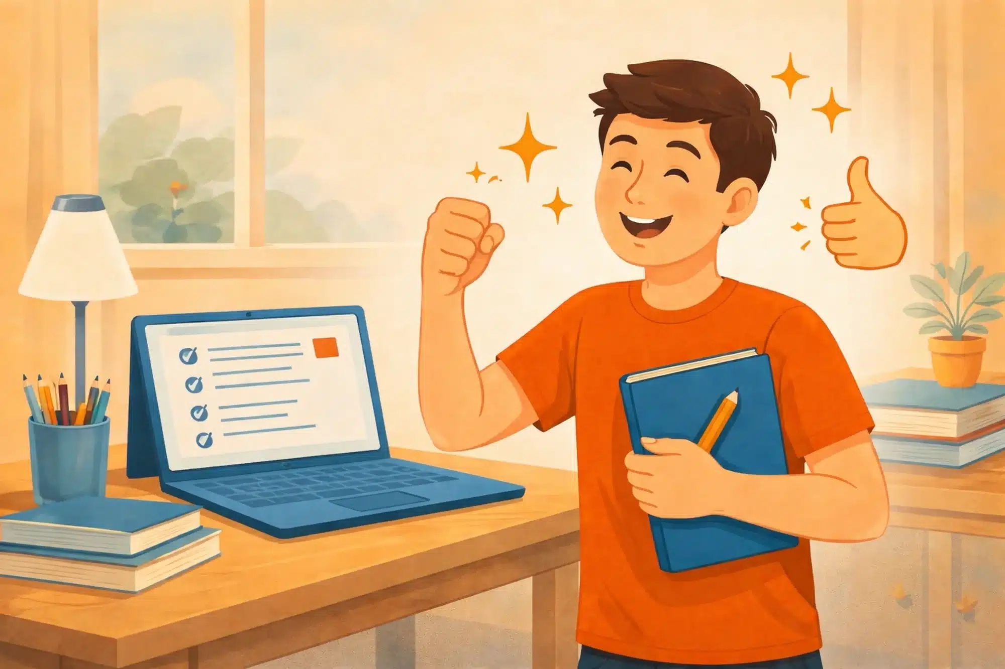 Online final exam success illustration showing a confident student feeling prepared after completing an online final exam at home
