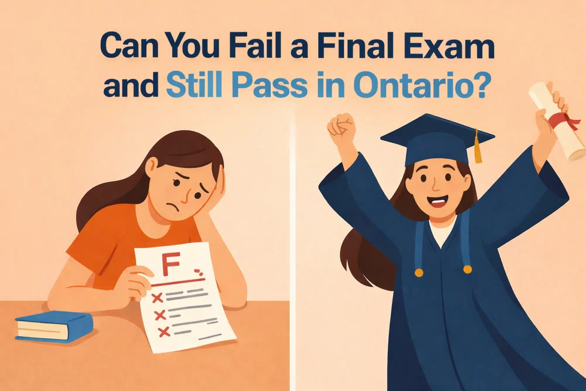 Can you fail a final exam and still pass in Ontario_ Illustration showing a student who failed an exam on one side and successfully graduating on the other, representing credit recovery
