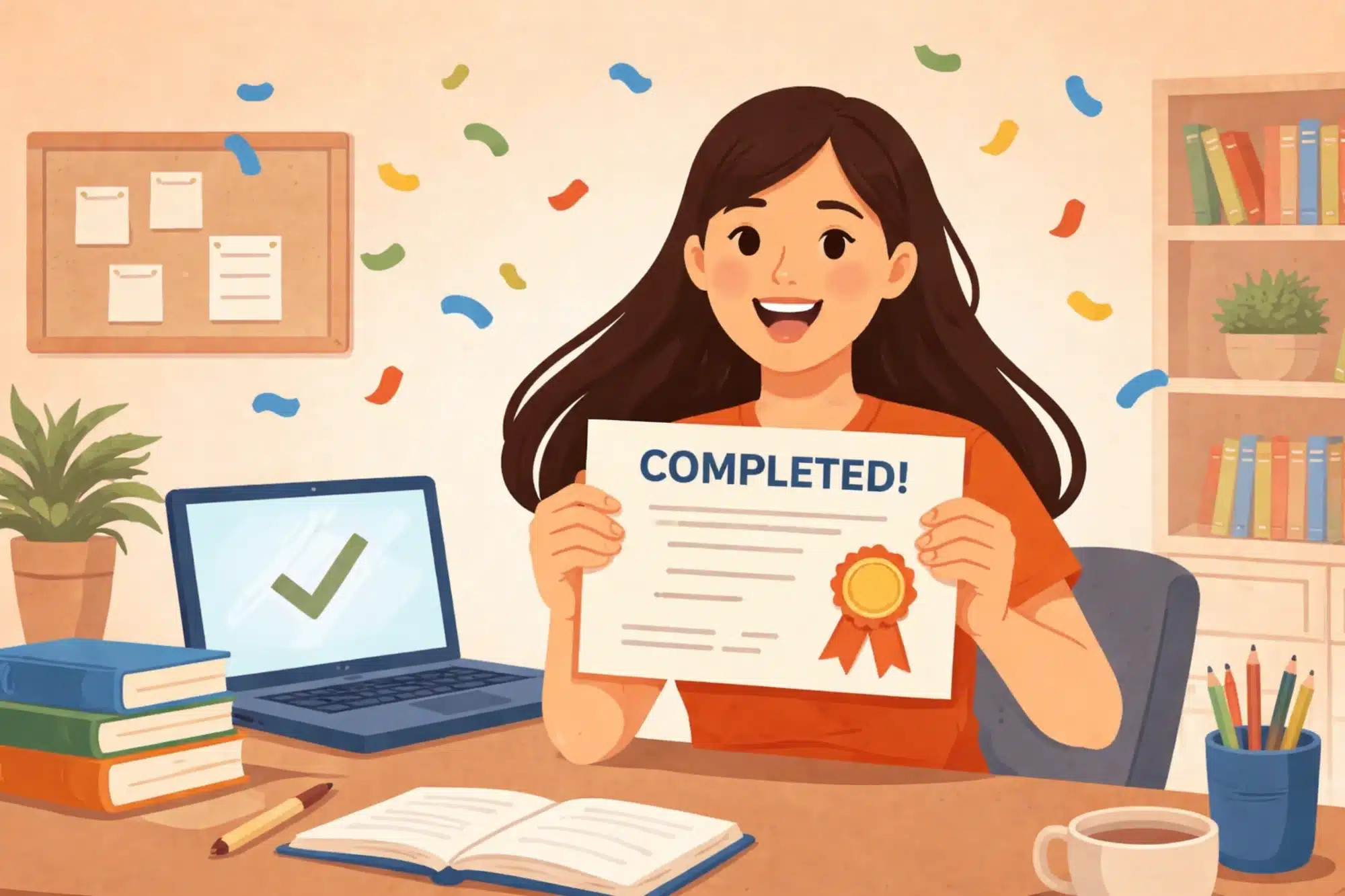 Student holding a completed course certificate after learning they can fail final exam but pass class through strong coursework